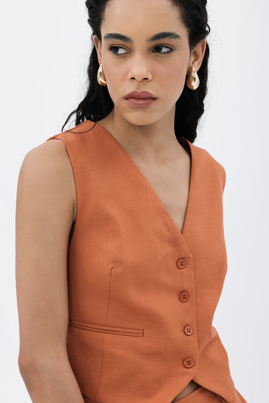Bayan Tarçın Düğmeli Fit Yelek