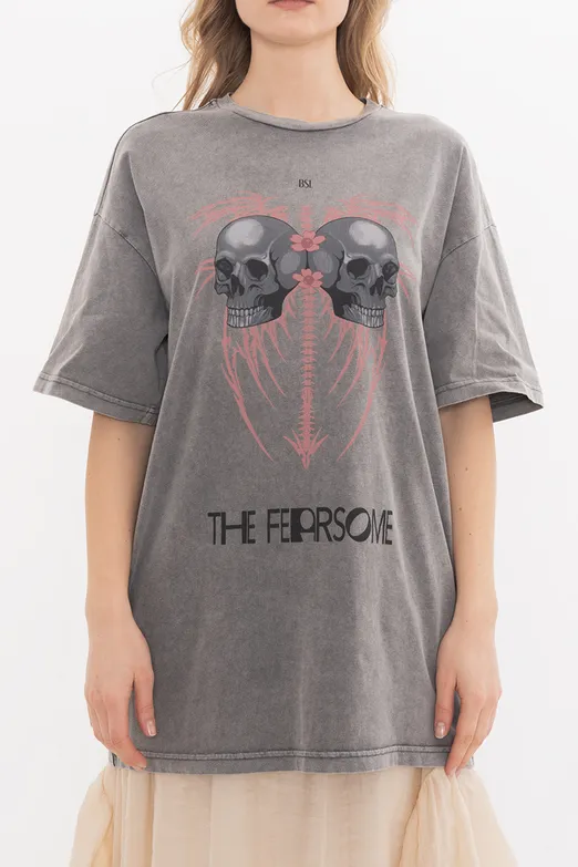 Bayan Antrasit Oversize Baskılı Tshirt - BSL