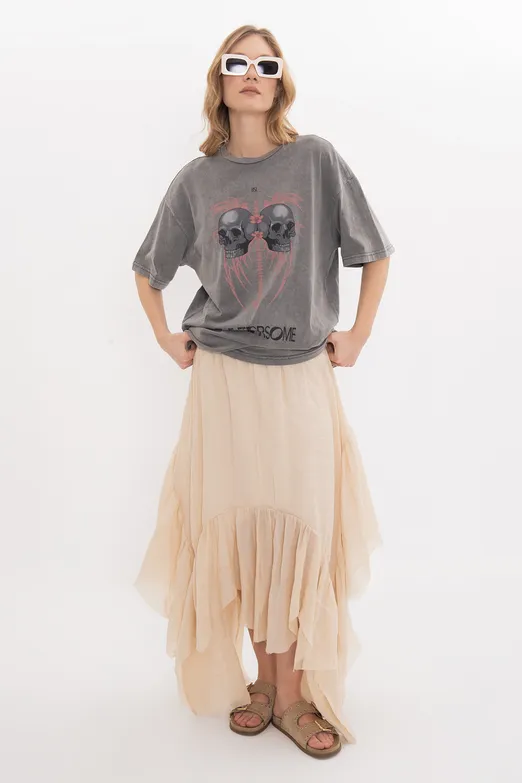 Bayan Antrasit Oversize Baskılı Tshirt - BSL