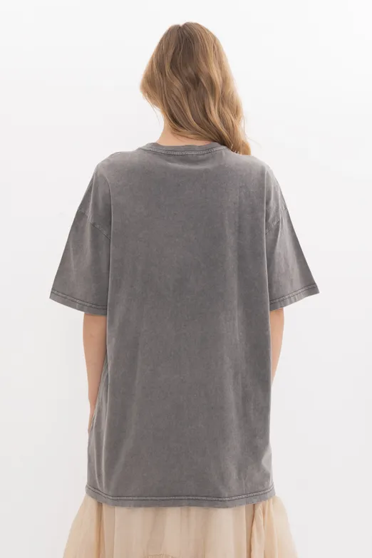 Bayan Antrasit Oversize Baskılı Tshirt - BSL