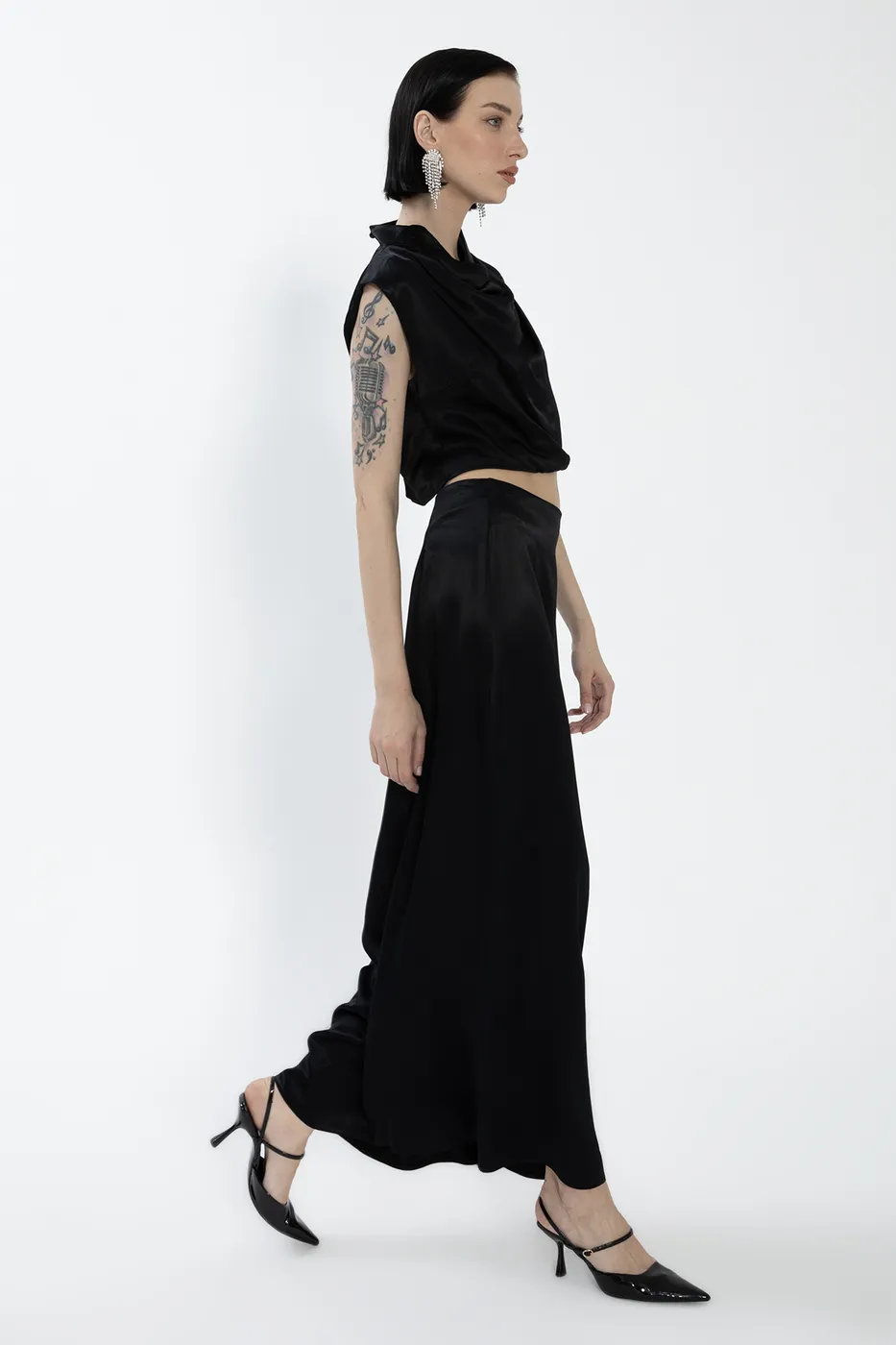 Bayan Siyah Saten Midi Etek