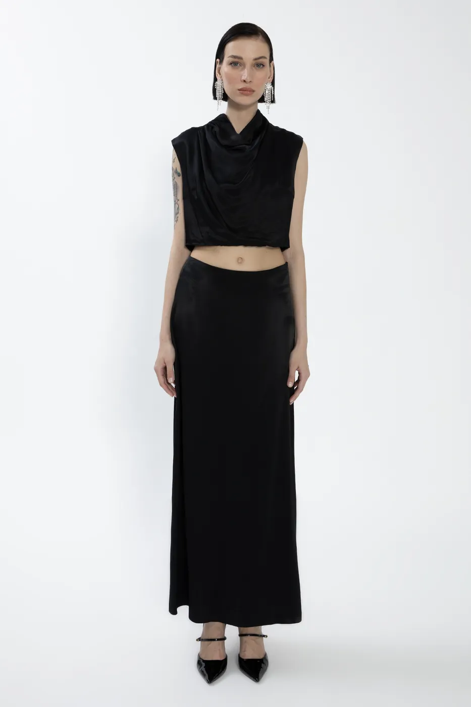 Bayan Siyah Saten Midi Etek