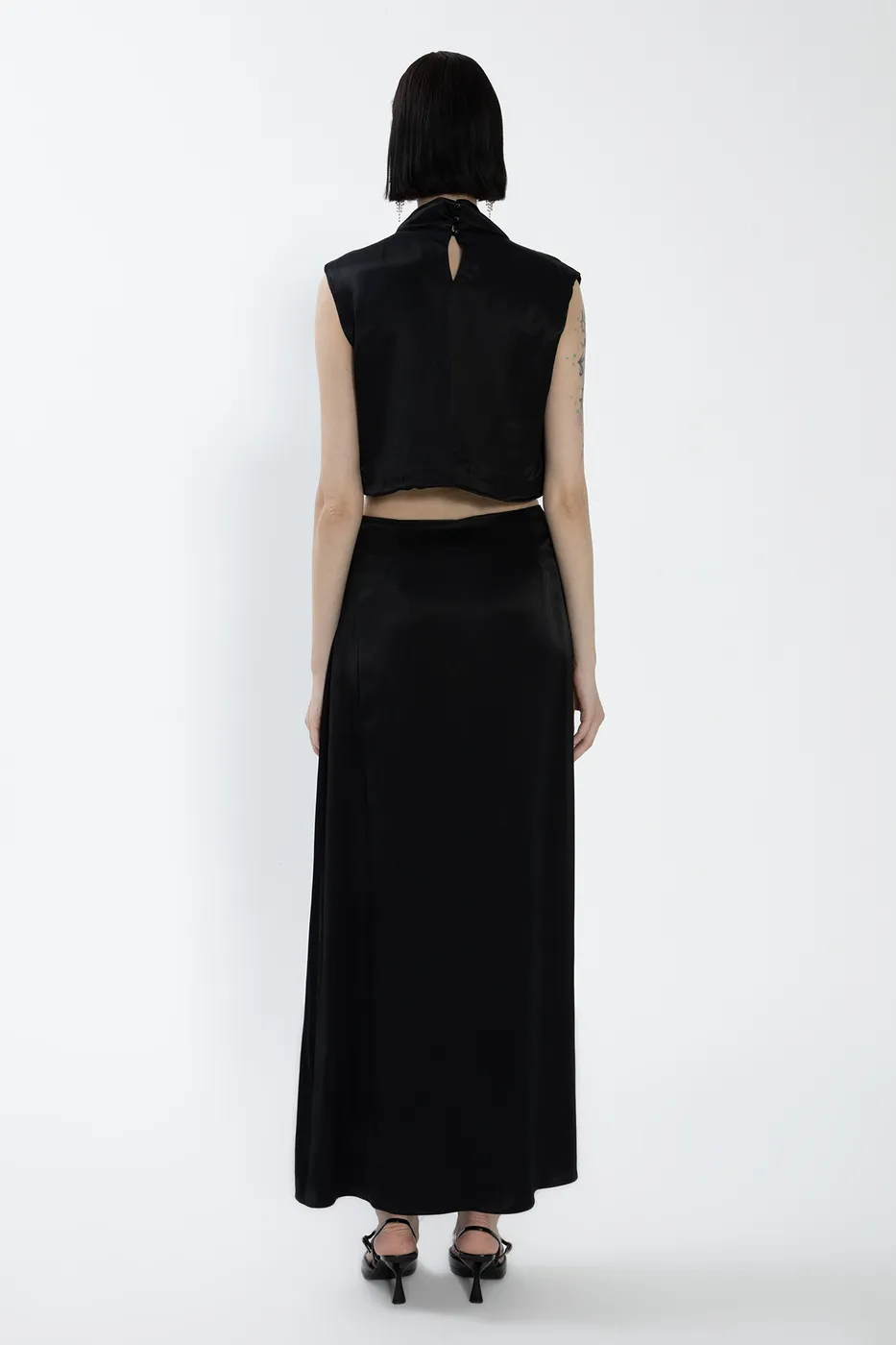 Bayan Siyah Saten Midi Etek