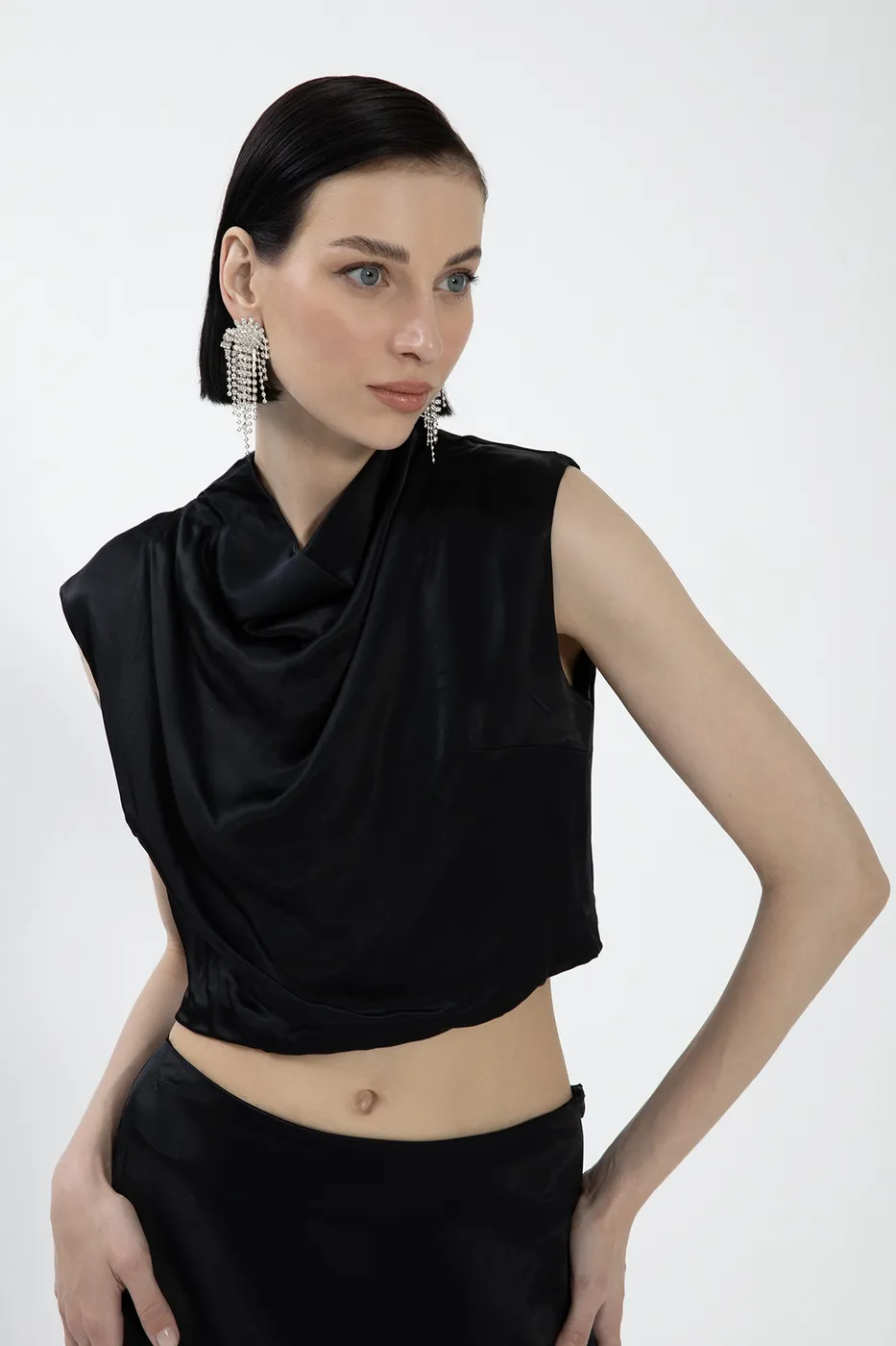 Bayan Siyah Degaje  Yakalı Saten Bluz