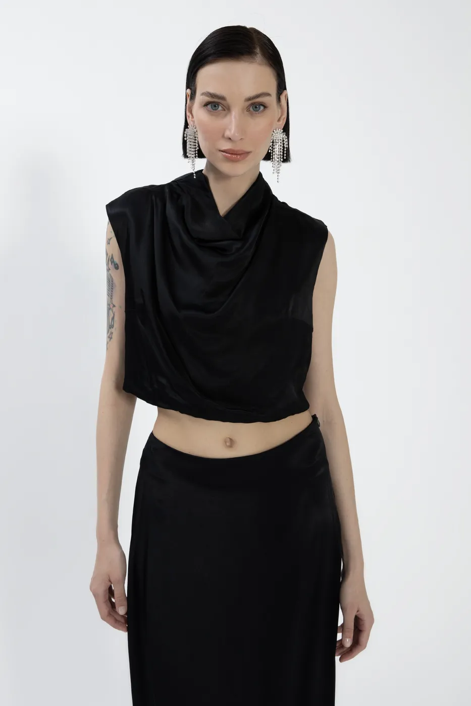 Bayan Siyah Degaje  Yakalı Saten Bluz