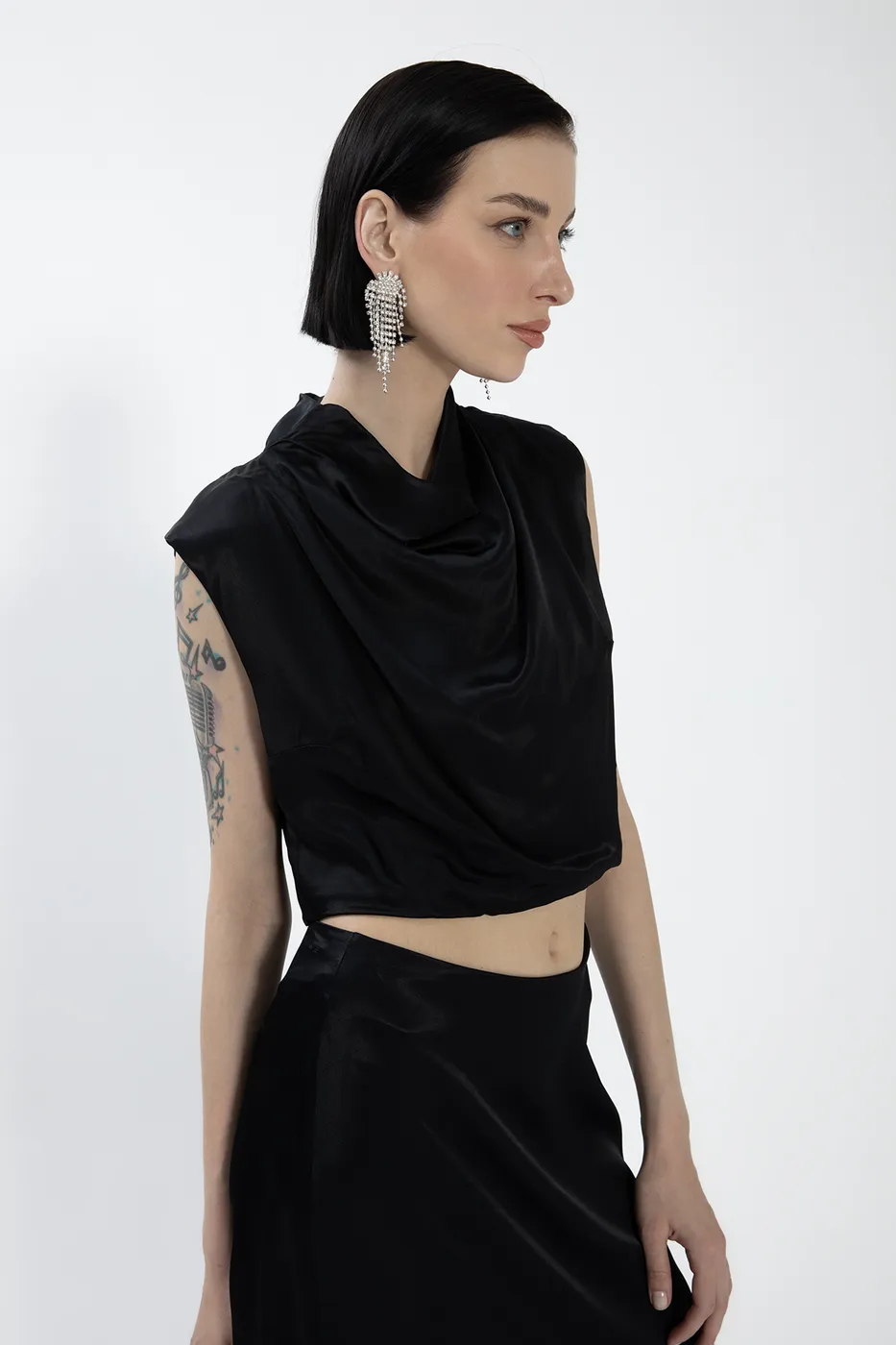 Bayan Siyah Degaje  Yakalı Saten Bluz