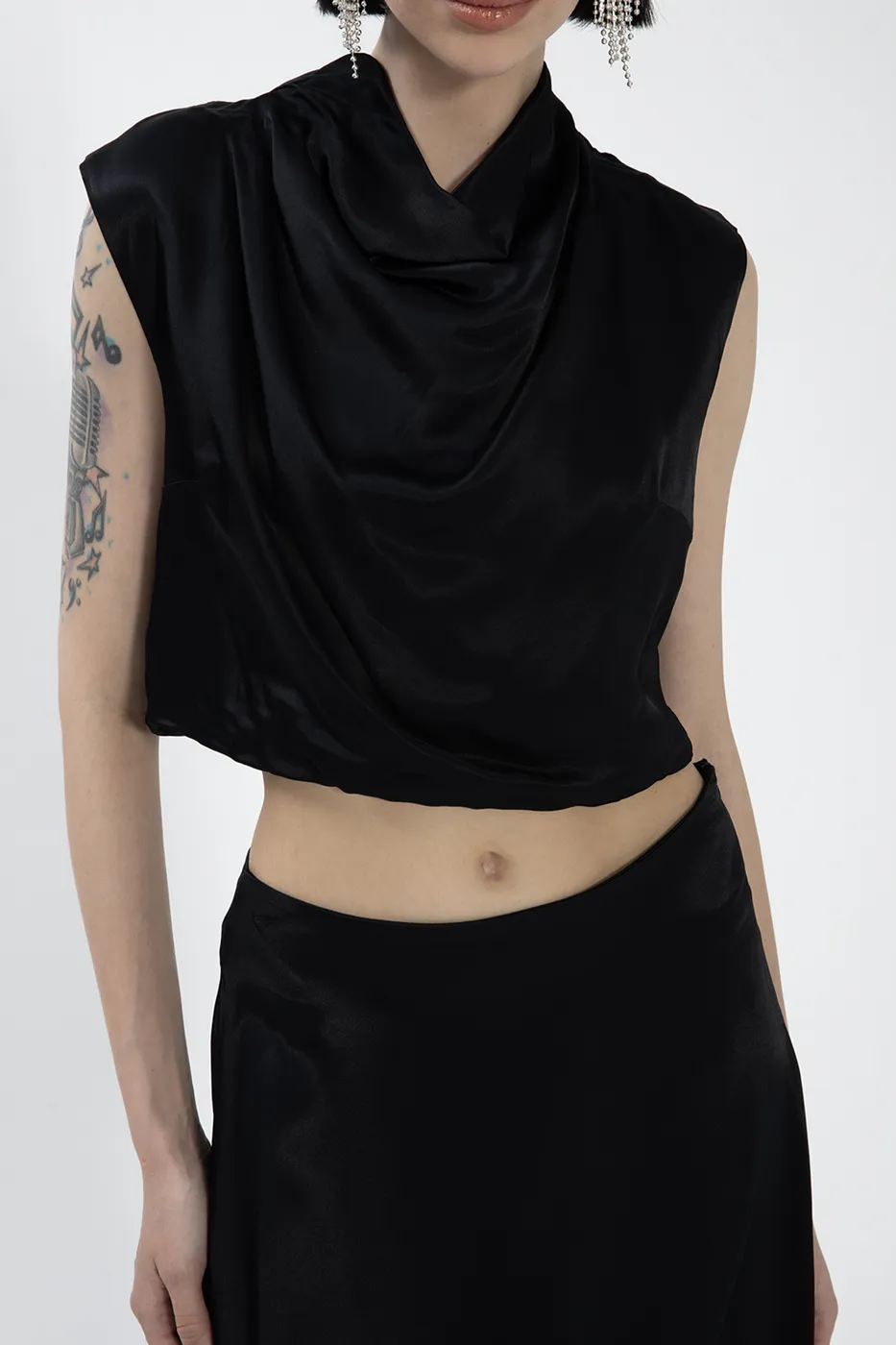 Bayan Siyah Degaje  Yakalı Saten Bluz