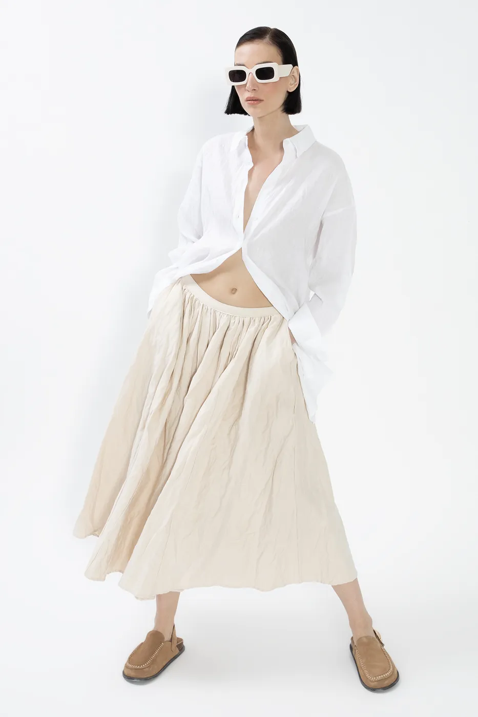 Bayan Ekru Pileli Bel Bantlı Etek