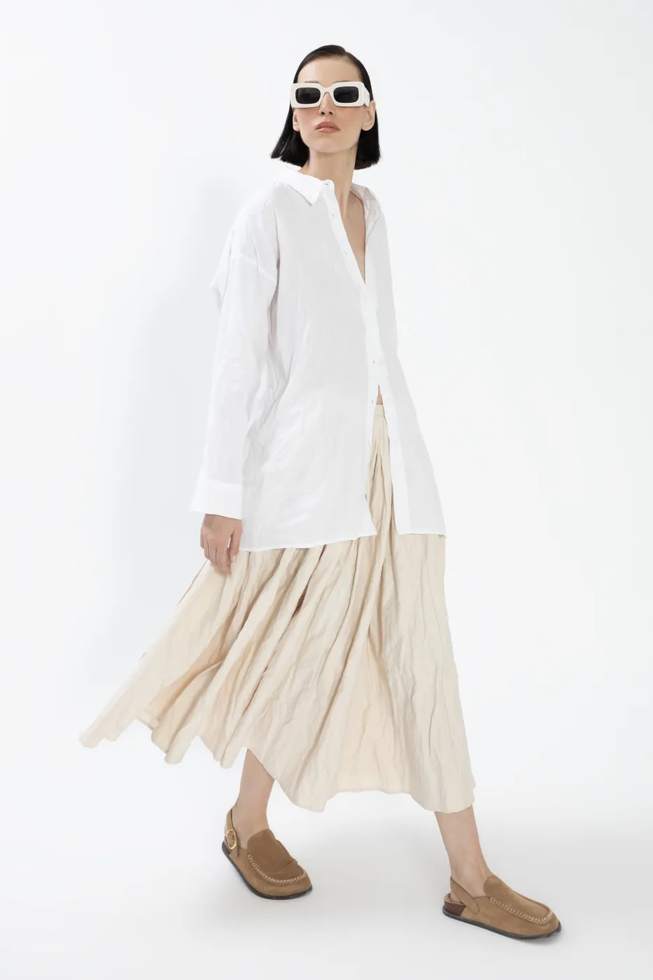 Bayan Ekru Pileli Bel Bantlı Etek