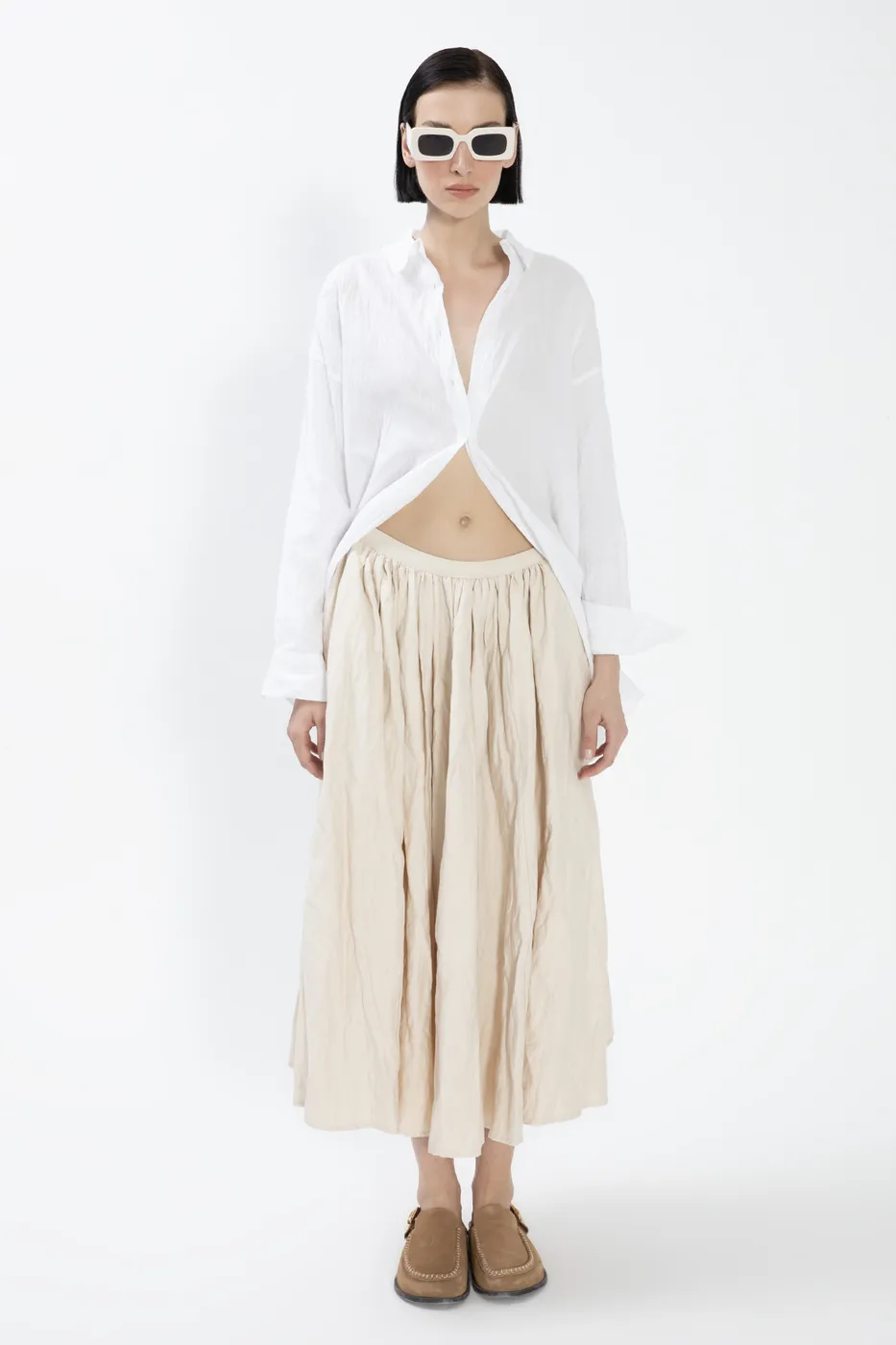 Bayan Ekru Pileli Bel Bantlı Etek