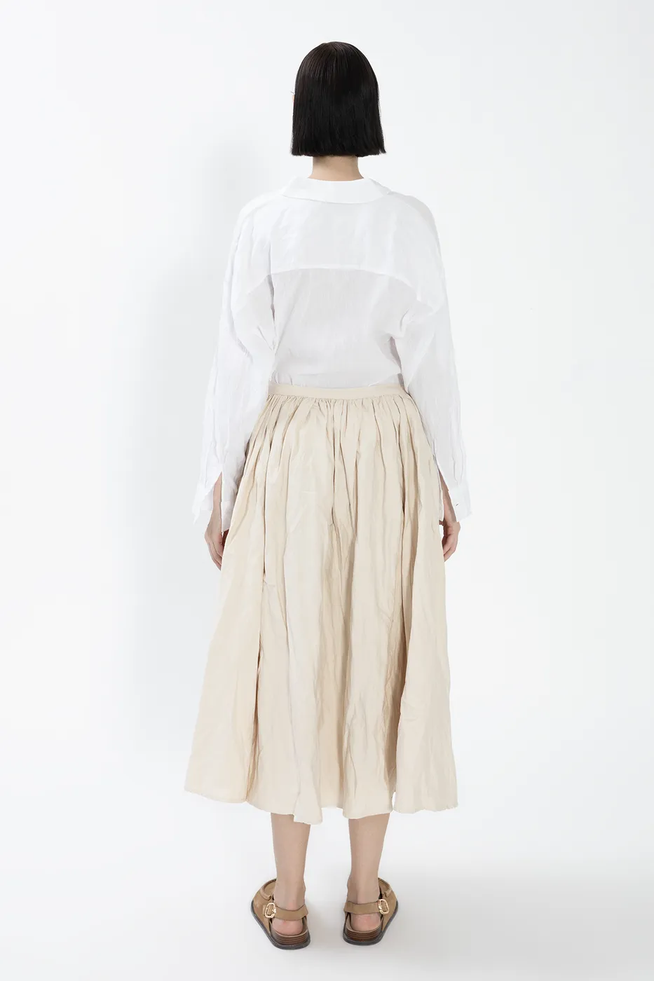 Bayan Ekru Pileli Bel Bantlı Etek