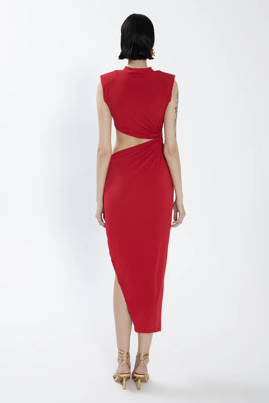 Bayan Kırmızı Derin Yırtmaçlı Bel Dekolteli Midi Elbise