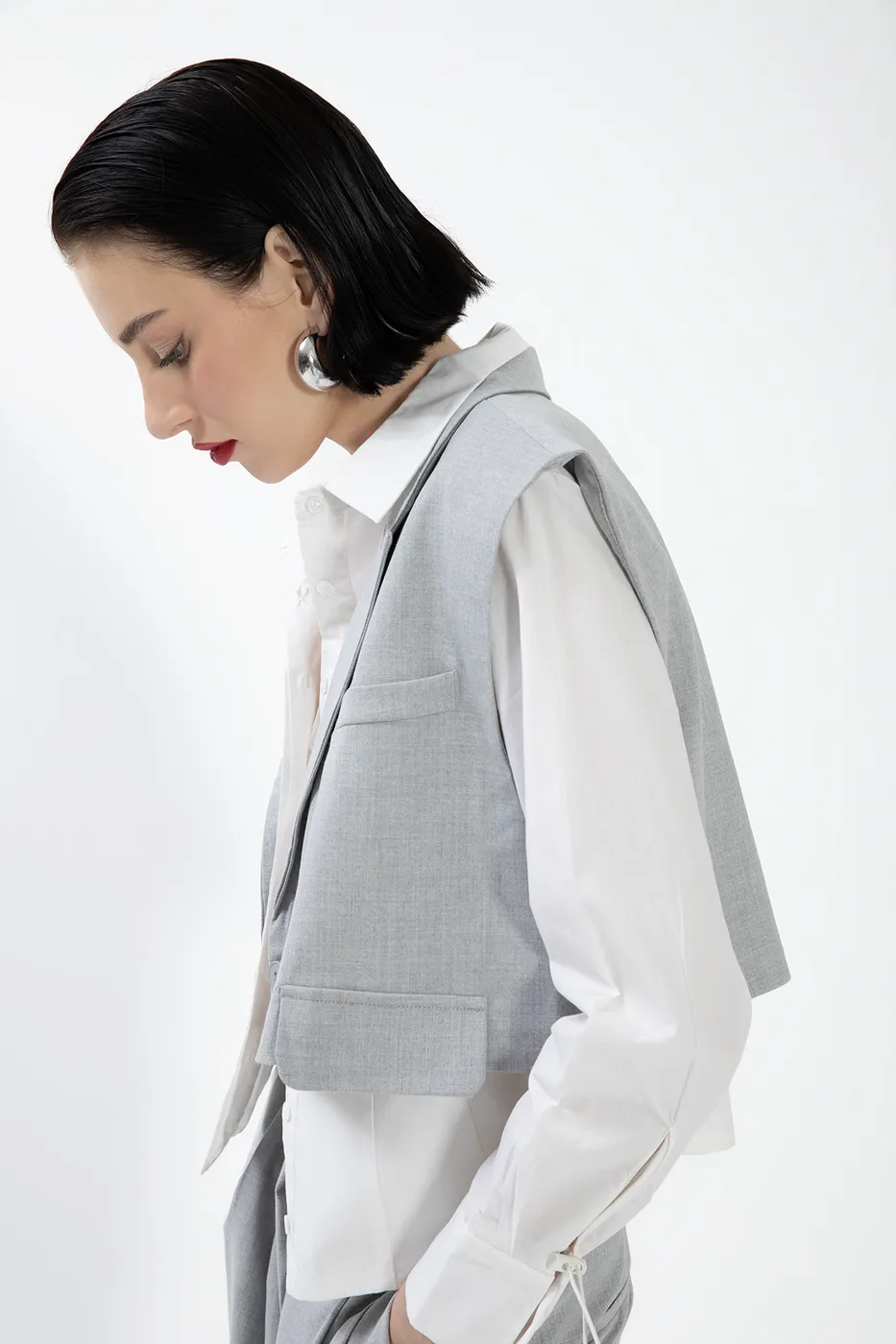 Bayan Gri Kapaklı Crop Yelek