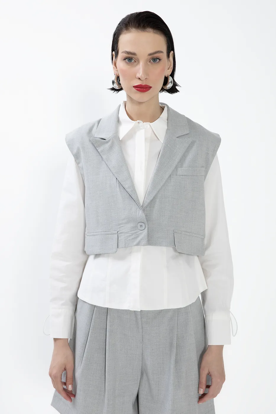 Bayan Gri Kapaklı Crop Yelek
