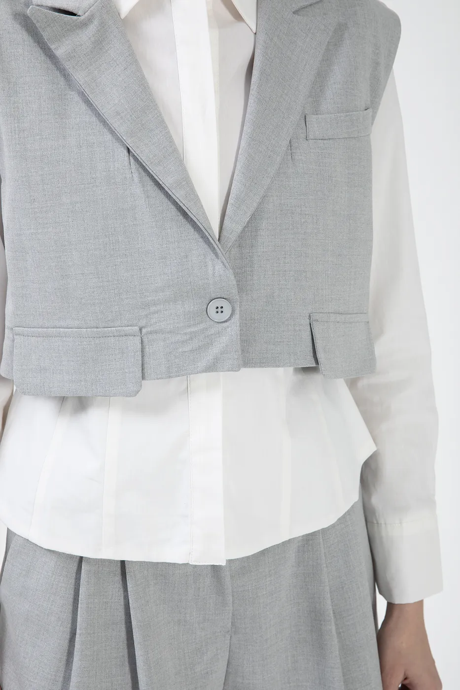 Bayan Gri Kapaklı Crop Yelek