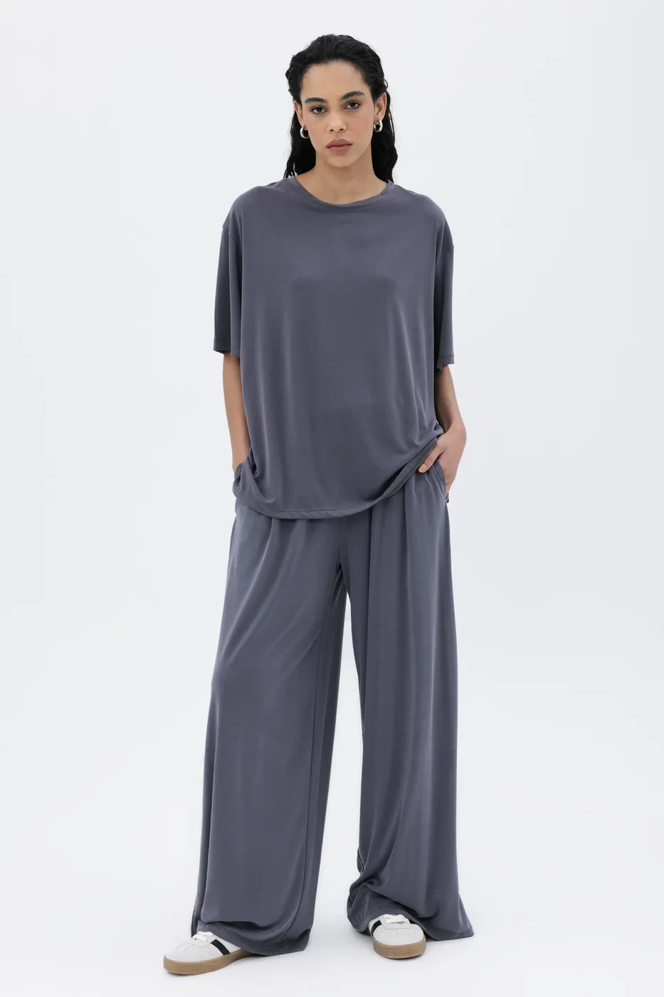 Bayan Gri Modal Palazzo Dökümlü Pantolon