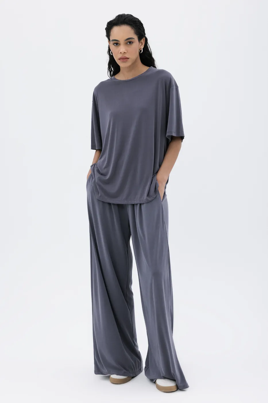 Bayan Gri Modal Palazzo Dökümlü Pantolon