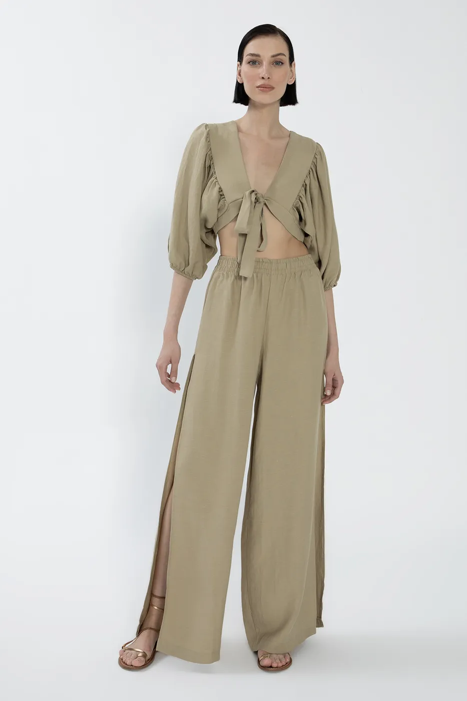 Bayan Yeşil Balon Kollu Bağlamalı Keten Karışımlı Bluz