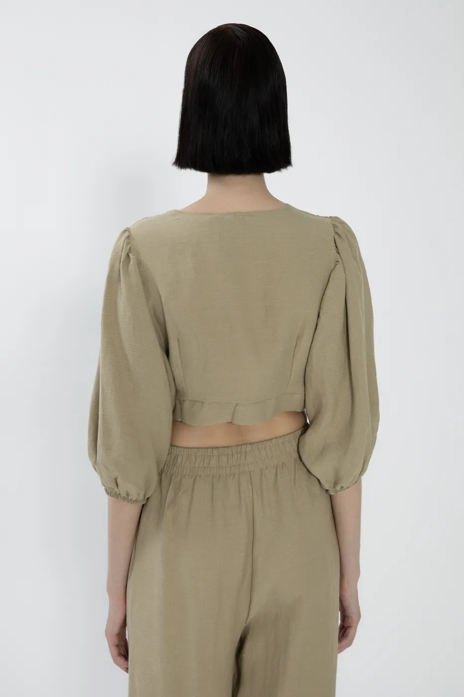 Bayan Yeşil Balon Kollu Bağlamalı Keten Karışımlı Bluz