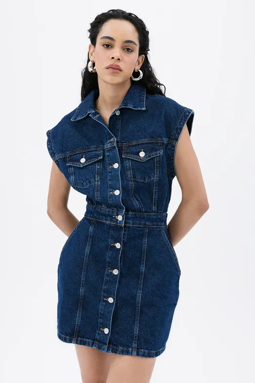 Bayan Lacivert Denim Mini Elbise - BSL