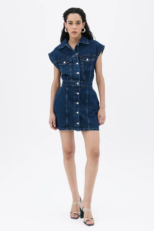 Bayan Lacivert Denim Mini Elbise - BSL