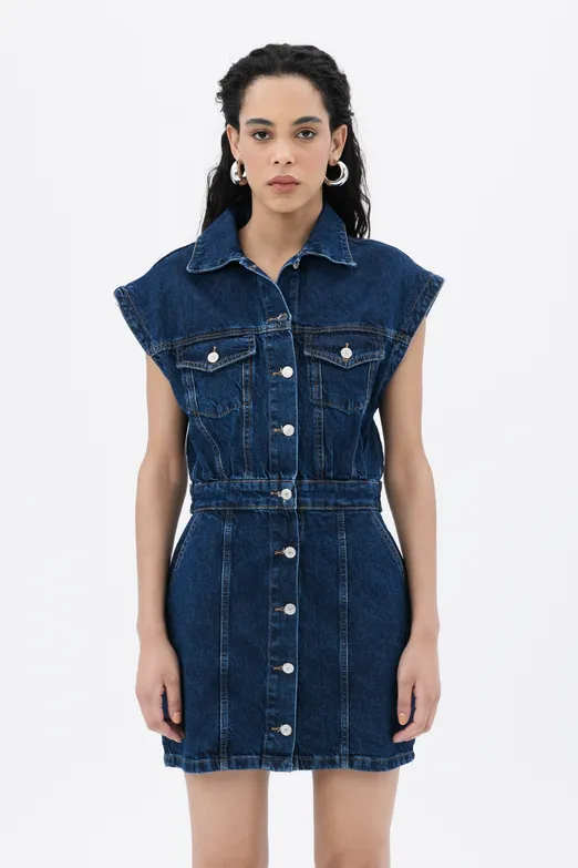 Bayan Lacivert Denim Mini Elbise - BSL