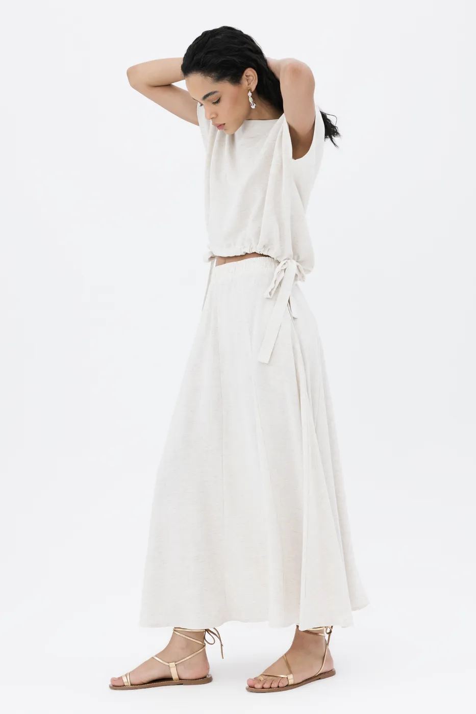 Bayan Ekru Keten Karışım Kloş Etek