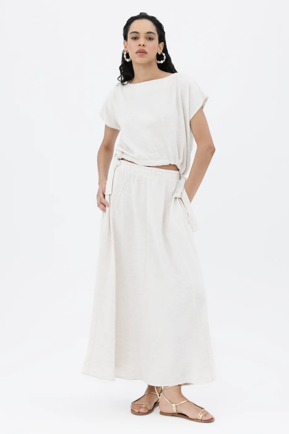 Bayan Ekru Keten Karışım Kloş Etek