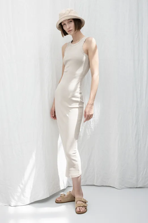 Bayan Bej Halter Yaka Midi Streç Elbise - BSL