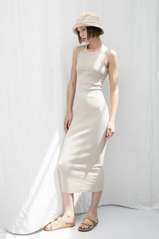 Bayan Bej Halter Yaka Midi Streç Elbise - BSL