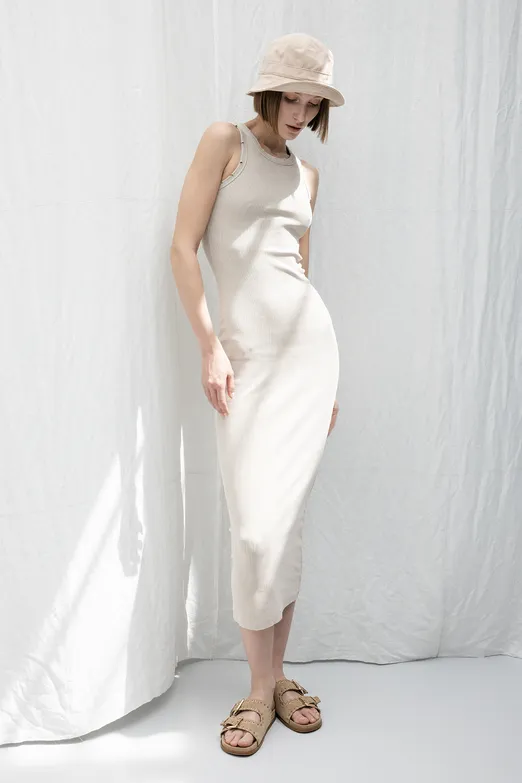 Bayan Bej Halter Yaka Midi Streç Elbise - BSL