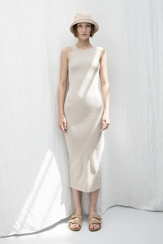 Bayan Bej Halter Yaka Midi Streç Elbise - BSL