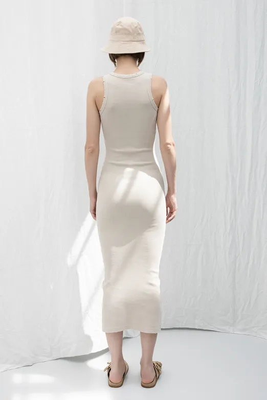 Bayan Bej Halter Yaka Midi Streç Elbise - BSL