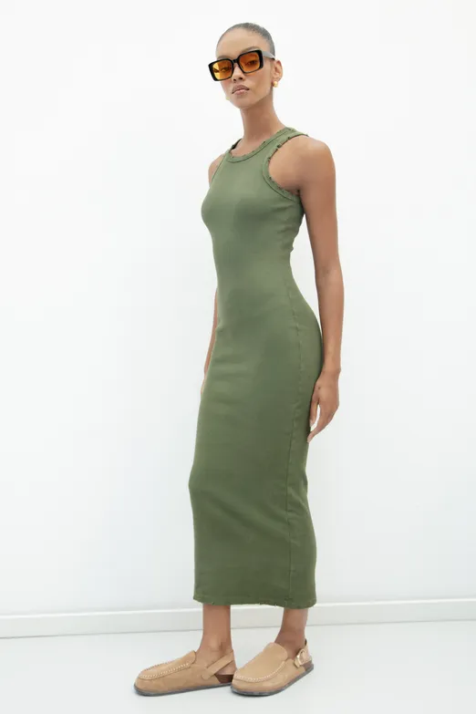 Bayan Haki Halter Yaka Midi Streç Elbise - BSL