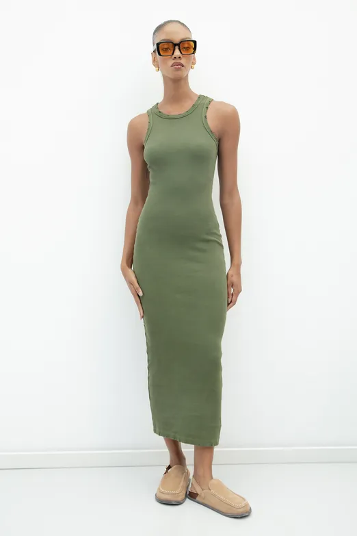 Bayan Haki Halter Yaka Midi Streç Elbise - BSL