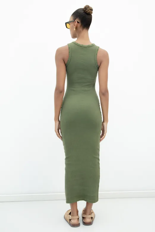 Bayan Haki Halter Yaka Midi Streç Elbise - BSL