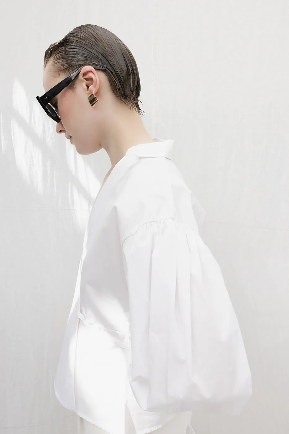 Bayan Beyaz Kruvaze Balon Kollu Cotton Gömlek