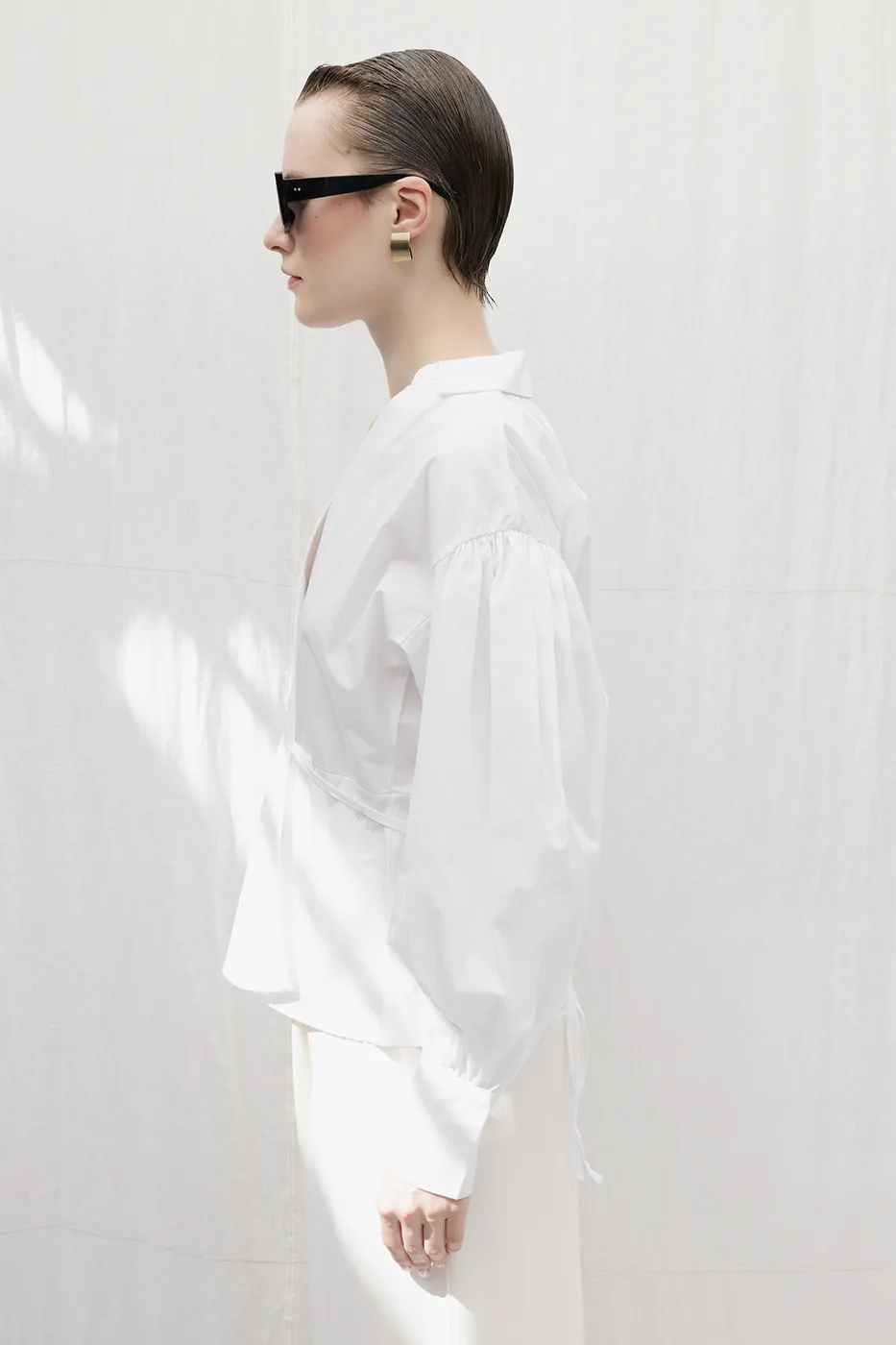 Bayan Beyaz Kruvaze Balon Kollu Cotton Gömlek