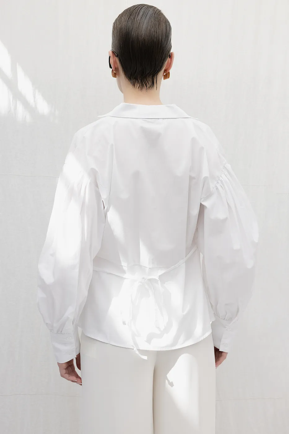 Bayan Beyaz Kruvaze Balon Kollu Cotton Gömlek