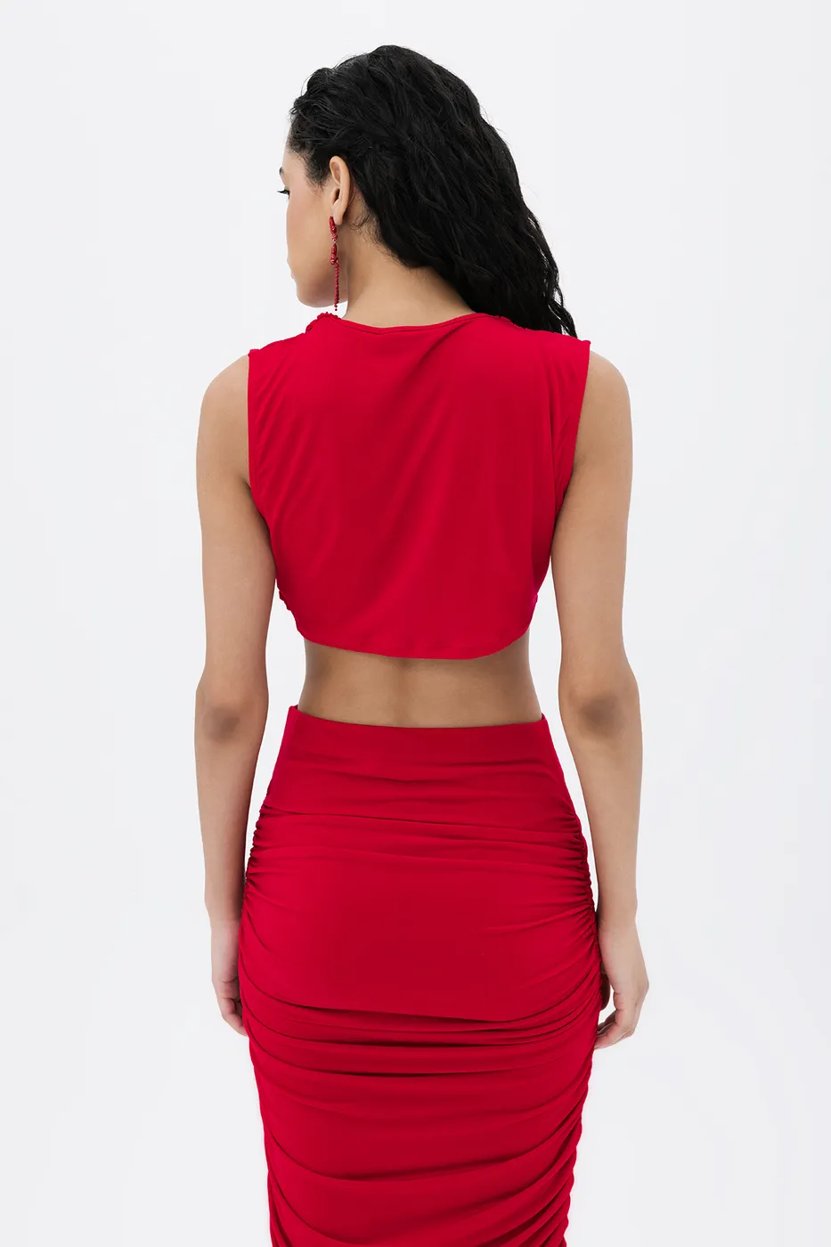 Bayan Kırmızı Dik Degaje Yakalı Crop Bluz