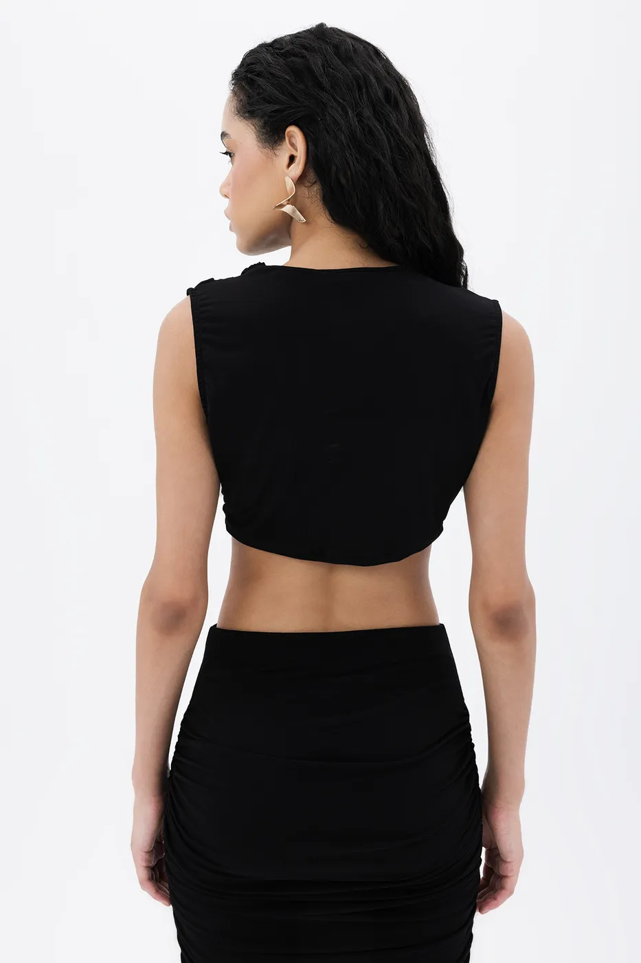 Bayan Siyah Dik Degaje Yakalı Crop Bluz