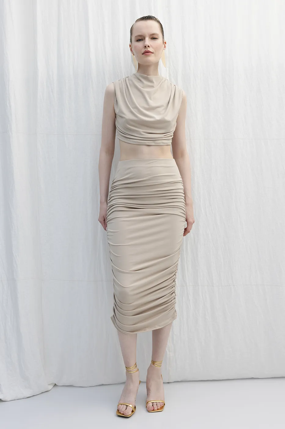 Bayan Bej Drapeli Midi Kalem Etek