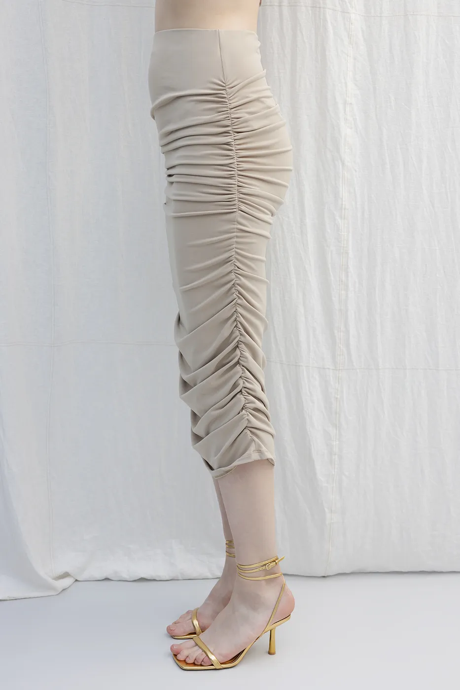 Bayan Bej Drapeli Midi Kalem Etek