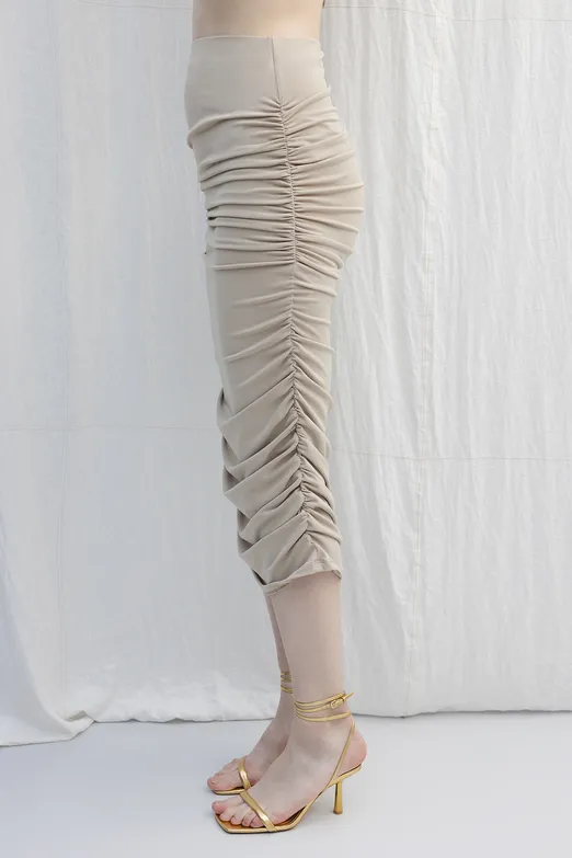 Bayan Bej Drapeli Midi Kalem Etek - BSL