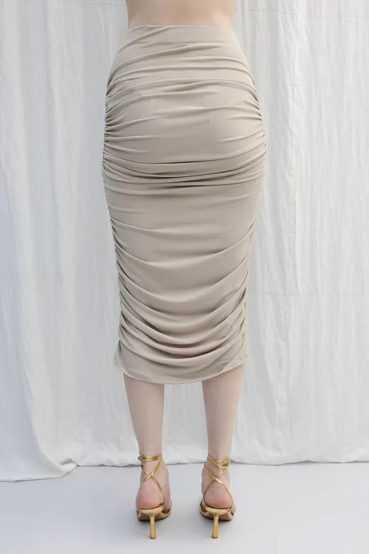 Bayan Bej Drapeli Midi Kalem Etek - BSL