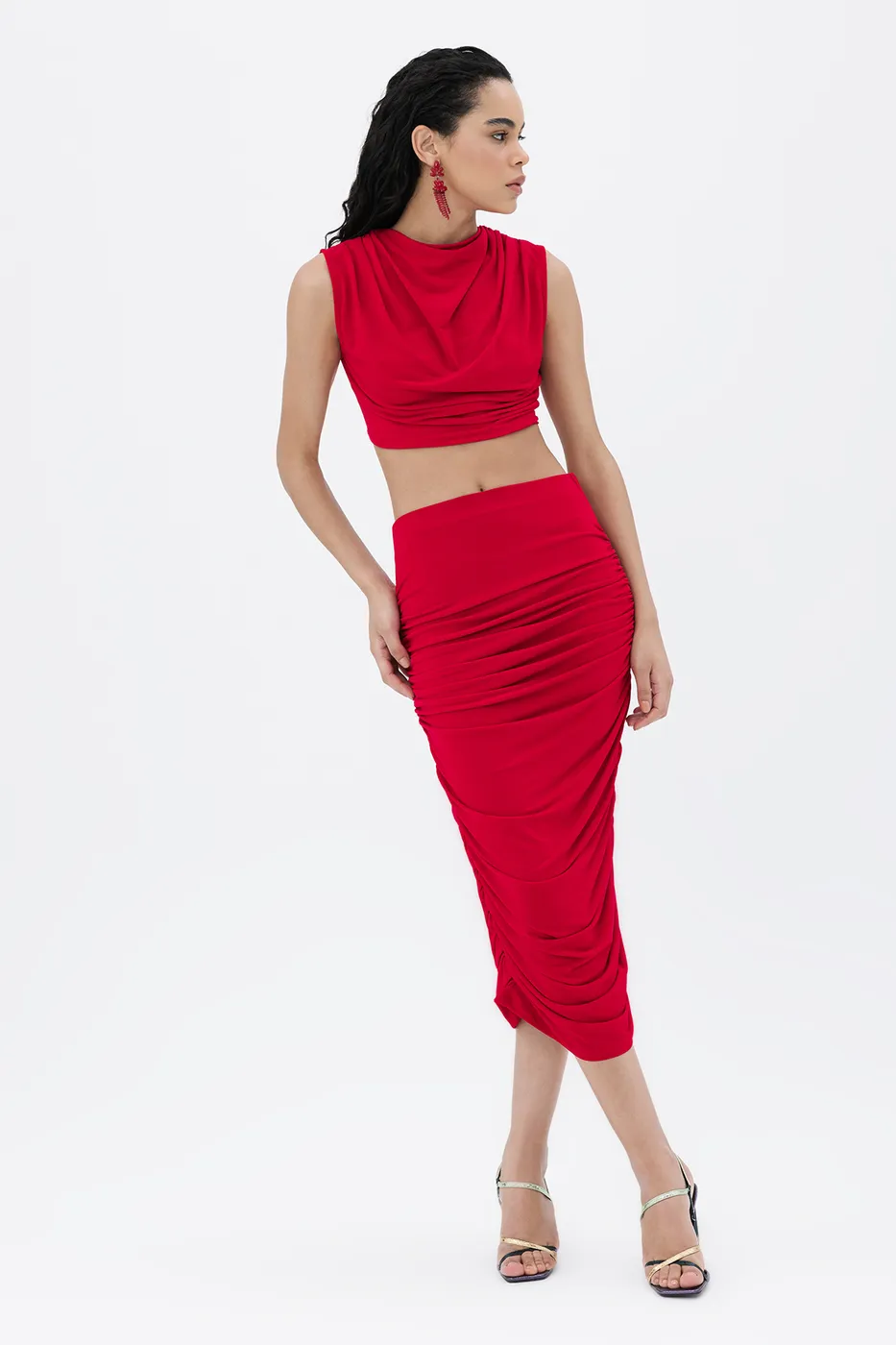 Bayan Kırmızı Drapeli Midi Kalem Etek
