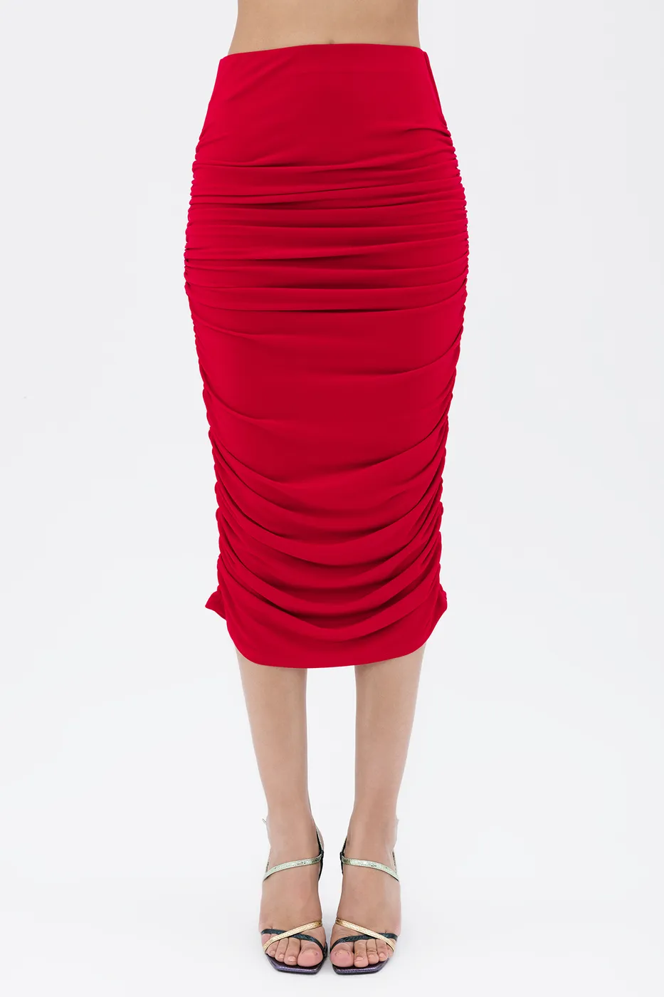 Bayan Kırmızı Drapeli Midi Kalem Etek