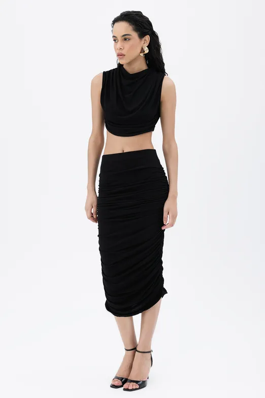 Bayan Siyah Drapeli Midi Kalem Etek - BSL