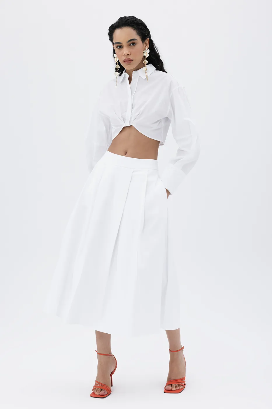 Bayan Beyaz Pileli Midi Etek