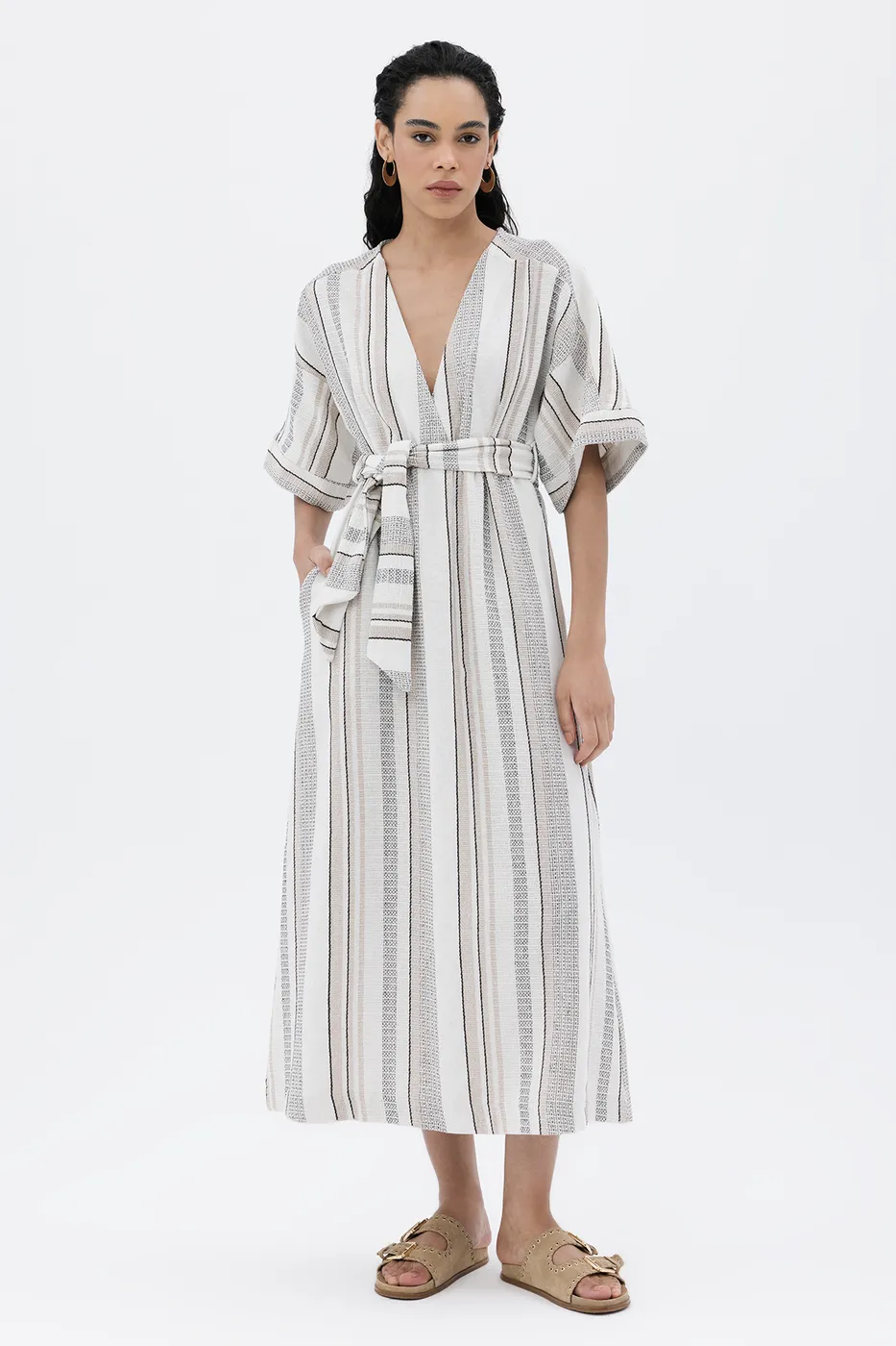 Bayan Ekru Kruvaze Yaka Keten Karışım Midi Elbise